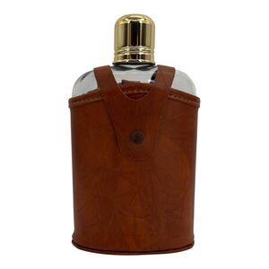 Vintage Glass Bottle Flask With Leather Case Gold Tone Cap Barware